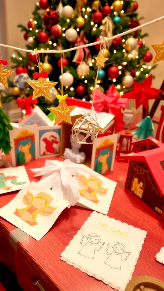 A table with Christmas crafts including nativity scenes, ornaments, and greeting cards celebrating the birth of Jesus.